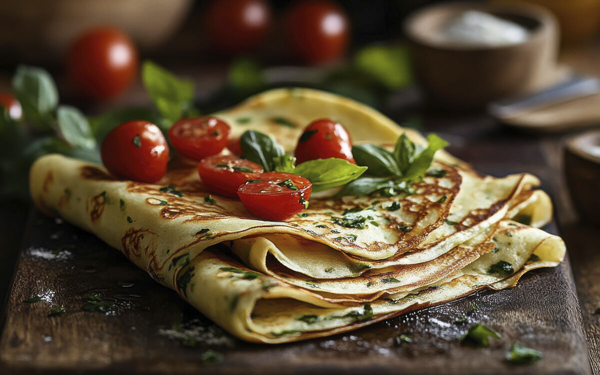Folded crepes with cherry tomatoes and herbs.